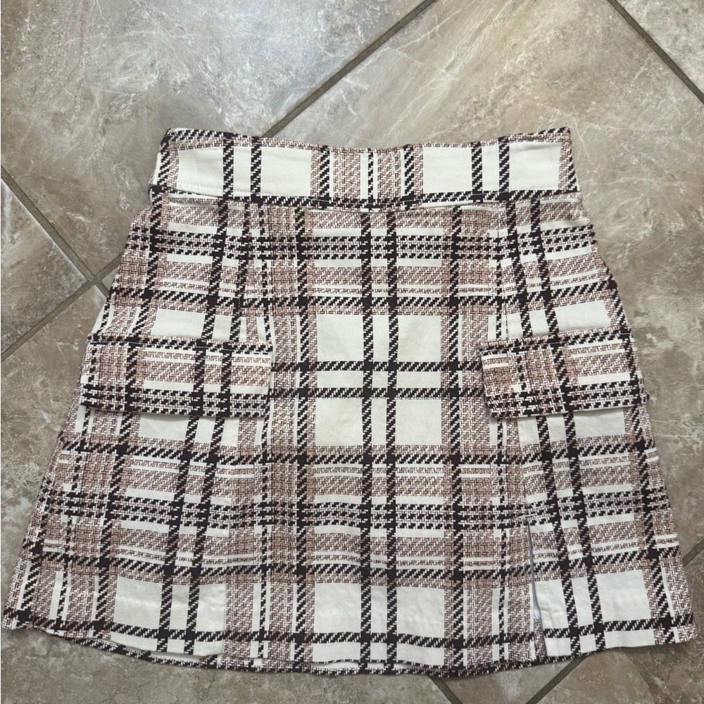 Plaid A-Line Skirt - Brown and White